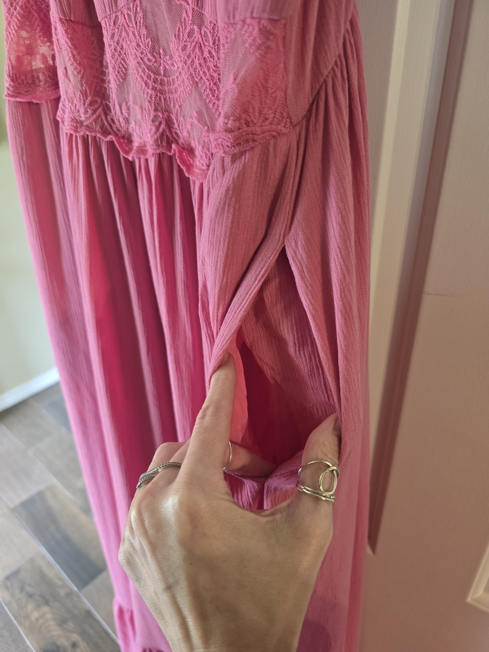 torrid Solid Pink Gauze Maxi Dress with Lace Waist Detail - Picture 10 of 11